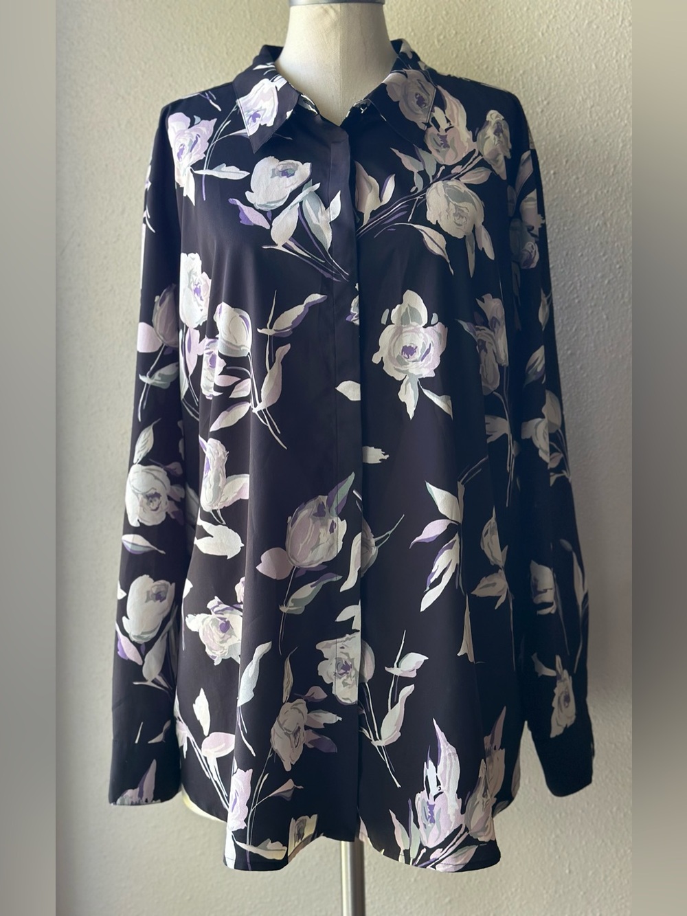 Lauren Ralph Lauren Floral Crepe De Chine Blouse Shirt Black Purple White Sz 3x